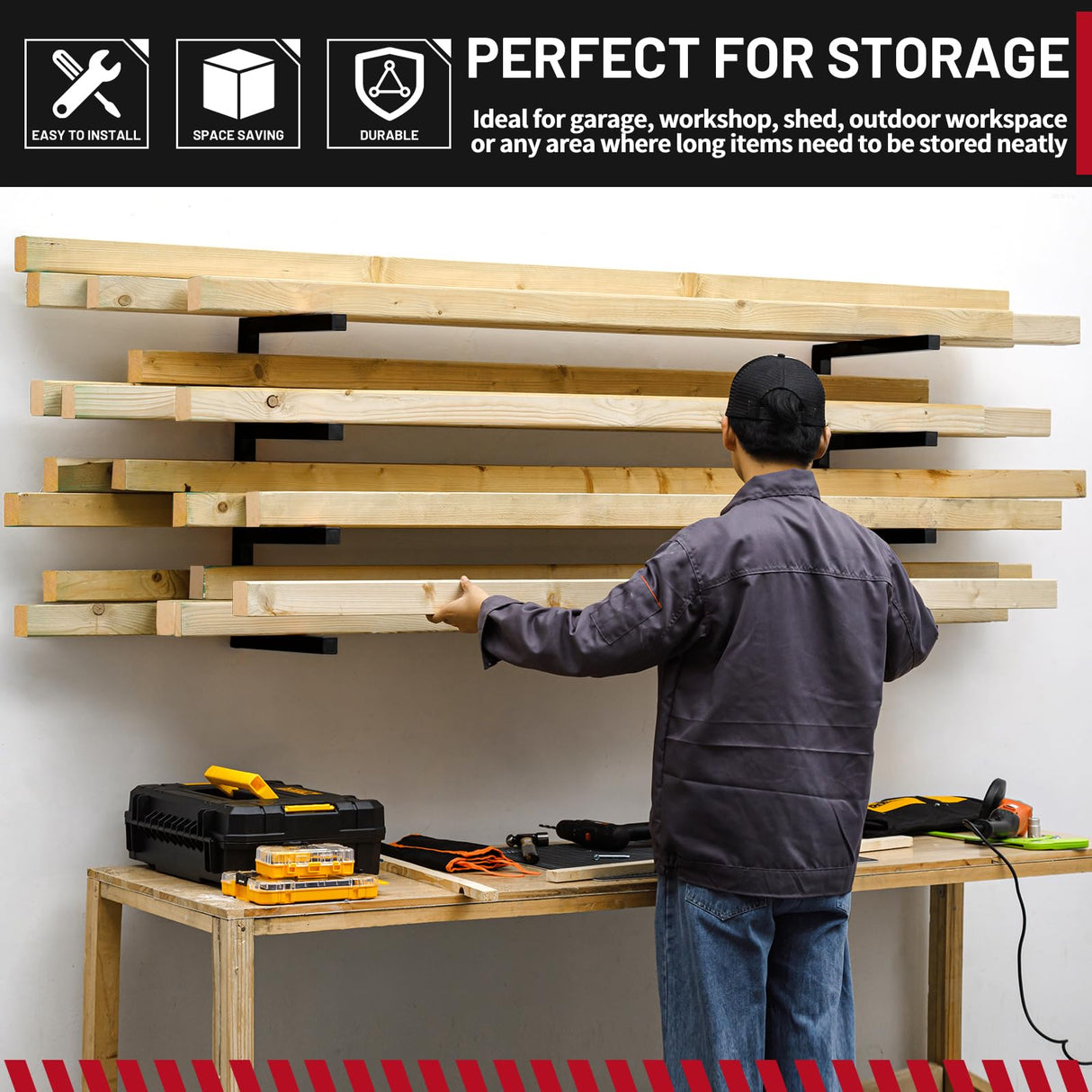 YYR Wood Organizer and Lumber Storage Rack Wall Mount, Heavy Duty Metal Shelf with 4-Level Holds Up 800 LBS, Indoor & Outdoor Use - Black YYR