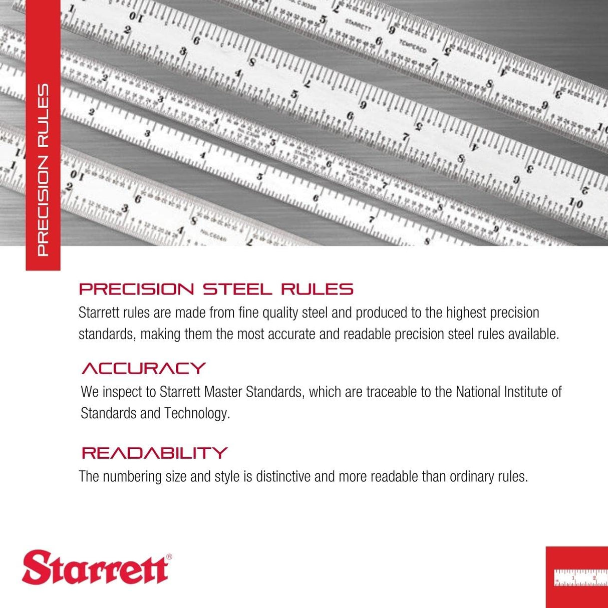Starrett Spring Tempered Steel Rule with Satin Chrome Finish, Quick Reading and Inch Graduations - 6" Length, 4R Graduation Type, 3/64" Thickness - Starrett
