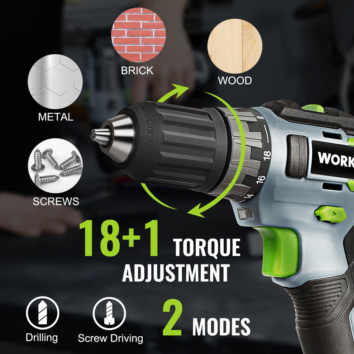 WORKPRO 20V Cordless Drill Driver Kit, 3/8'' Keyless Chuck, 2.0 Ah Li-ion Battery, 1 Hour Fast Charger and 11-inch Green Storage Bag Included WORKPRO