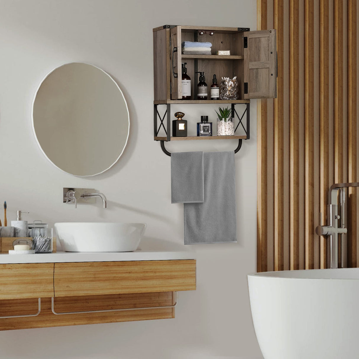 RUSTOWN Farmhouse Rustic Medicine Cabinet with Two Barn Door,Wood Wall Mounted Storage Cabinet with Adjustable Shelf and Towel Bar, 3-Tier Cabinet RUSTOWN