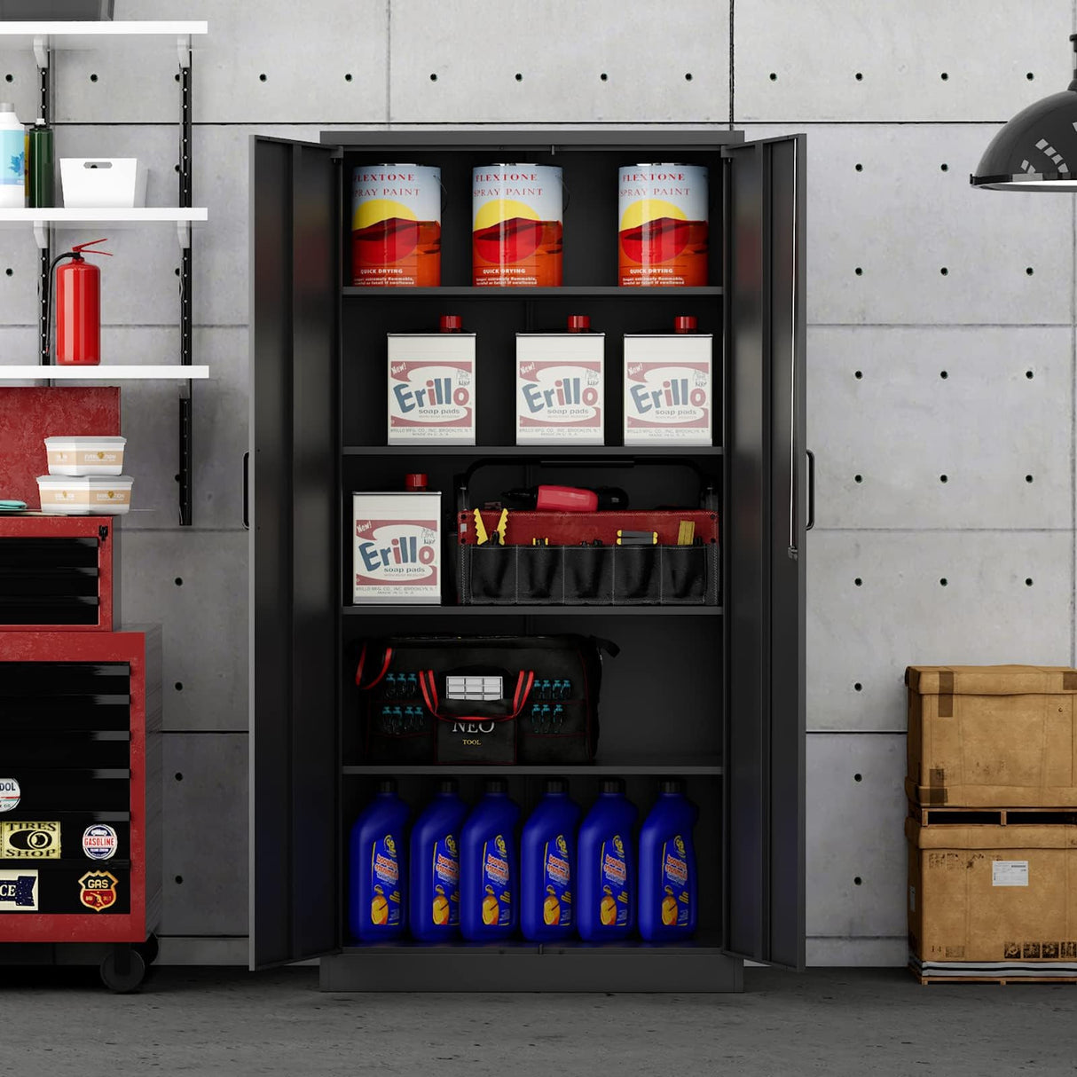 Fesbos Metal Storage Cabinet-71” Tall Steel File Cabinets with Lockable Doors and Adjustable Shelves-Black Steel Storage Cabinet for Home, School, Fesbos