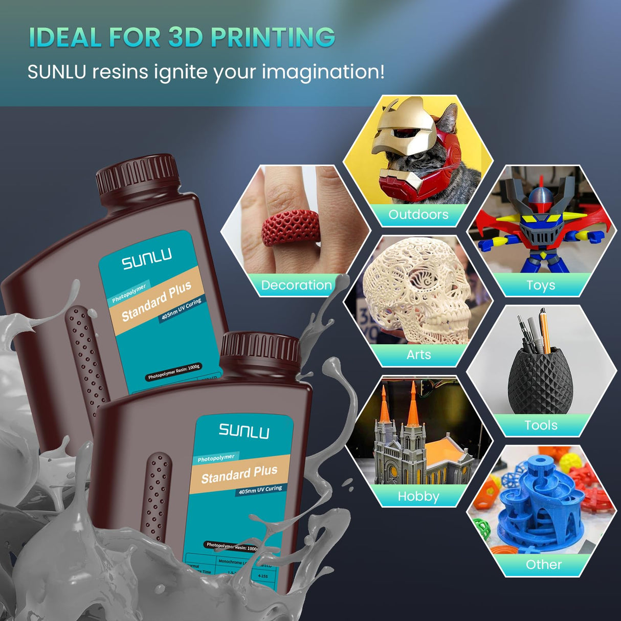 SUNLU 3D Printer Resin, Upgraded Standard Plus Fast Curing 3D Resin, 395 to 405nm UV Curing 3D Printing Liquid Photopolymer Resin, Higher Precision, SUNLU