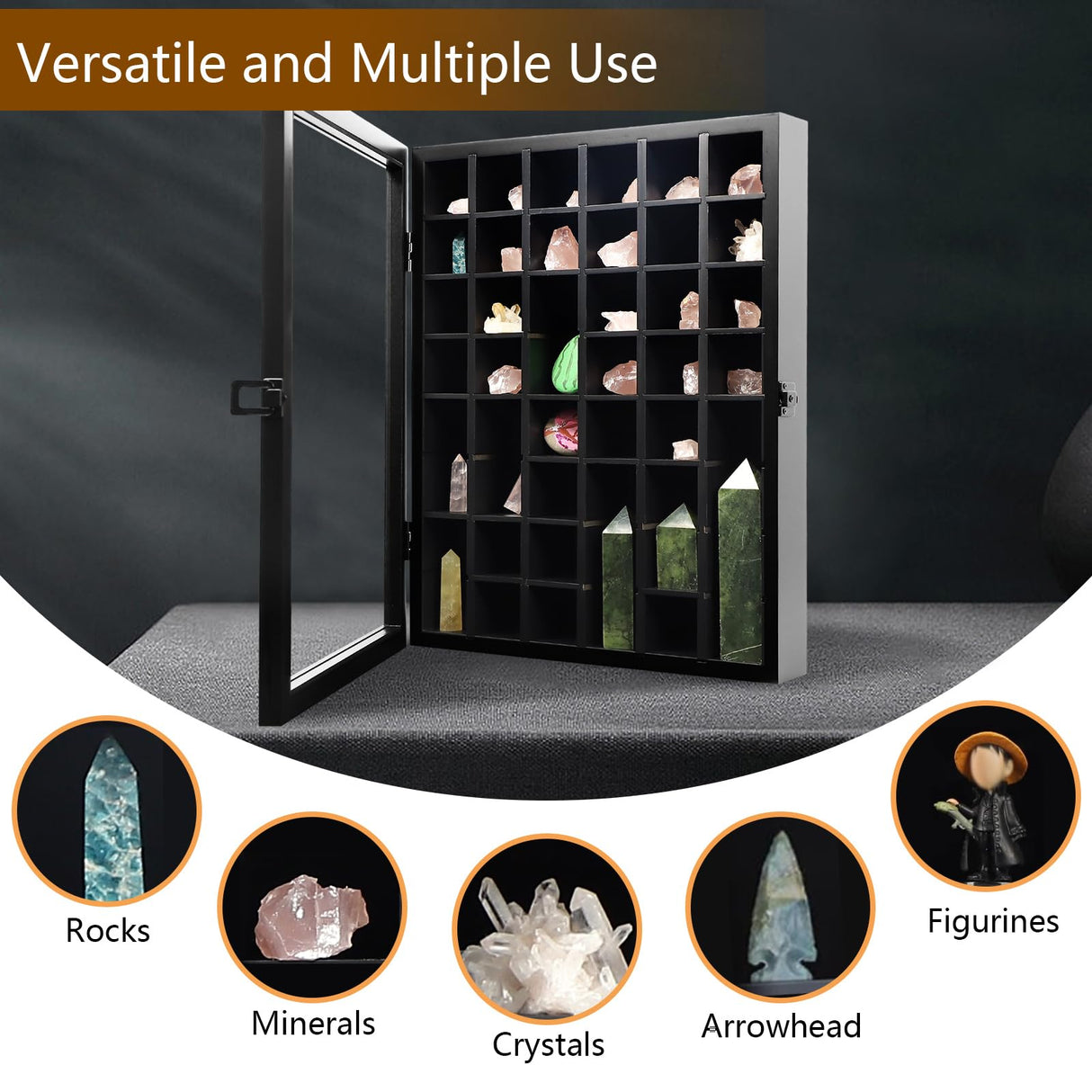 KCRasan Adjustable Rock Display Case - Wooden Crystal Organizer for Stones Storage - Rock Collection Box with Shelves for Agate Opal Crystal Stone KCRasan