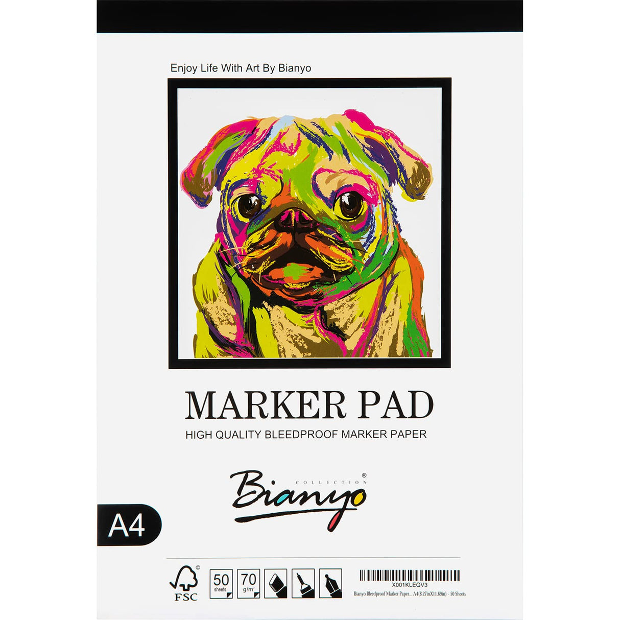 Bianyo Bleedproof Marker Paper Pad, A4(8.27"X11.69"), 50 Sheets, 18 LB / 70 GSM, Glue-Bound, 100% Cotton, White, Ideal for Use with Markers and Ink Bianyo