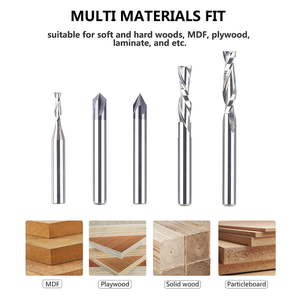 SpeTool 5 Pcs CNC Router Bit Sets Cabide Bit 1/4 Inch Shank Up Down Cut V Groove for Woodwork Beginner Engraving Slot SpeTool