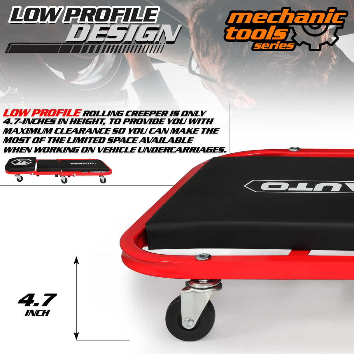 M-AUTO Foldable Z Creeper 2-in-1 Rolling Folding Car Creeper & Seat, 36" Adjustable Roller Garage Chair Lay Down or Sit, 330LBS Capacity Under Car M-AUTO