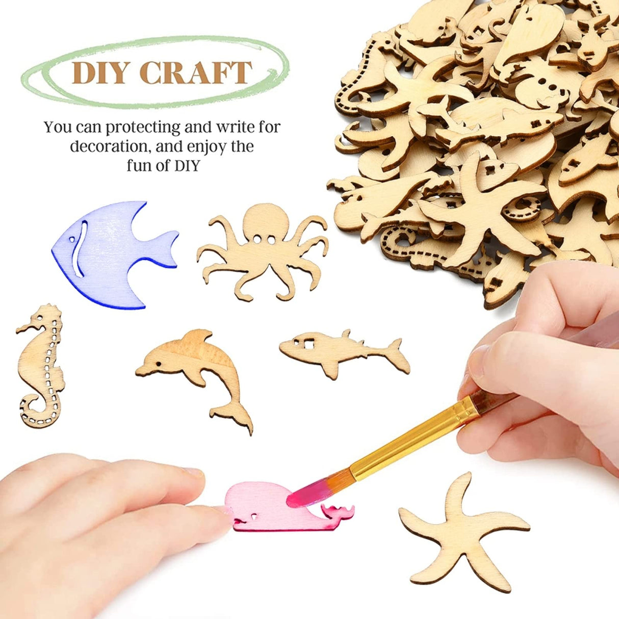 Stiesy 100 Pcs Assorted Sea Animal Theme Wood Cabochons Shark Agarfish Dolphin Seahorse Octopus Clownfish Unfinished Wooden Cutouts Slice Pieces Stiesy