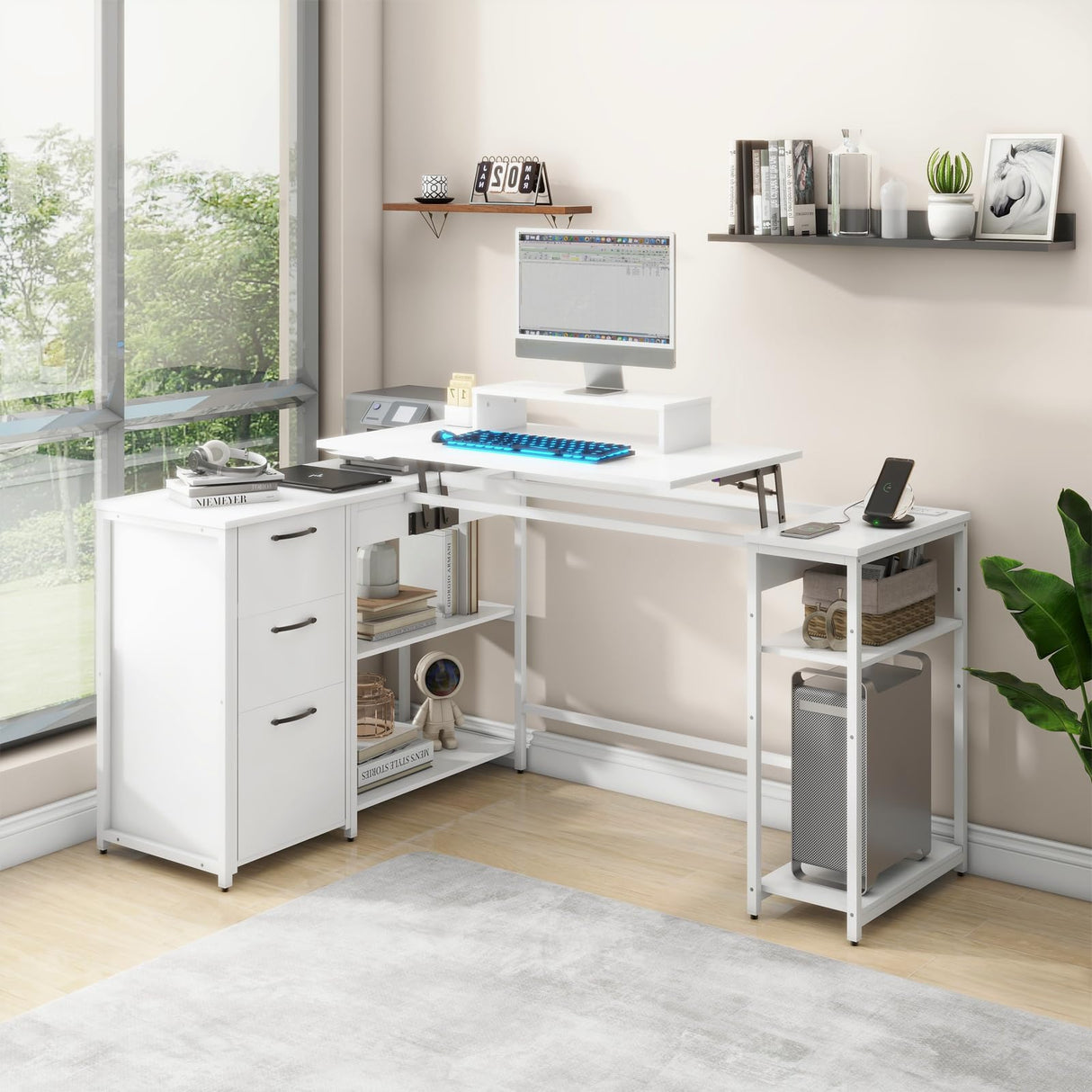 Halitaa 61" L Shaped Computer Desk with Lift Top, Power Outlets, and 3 Drawers Halitaa
