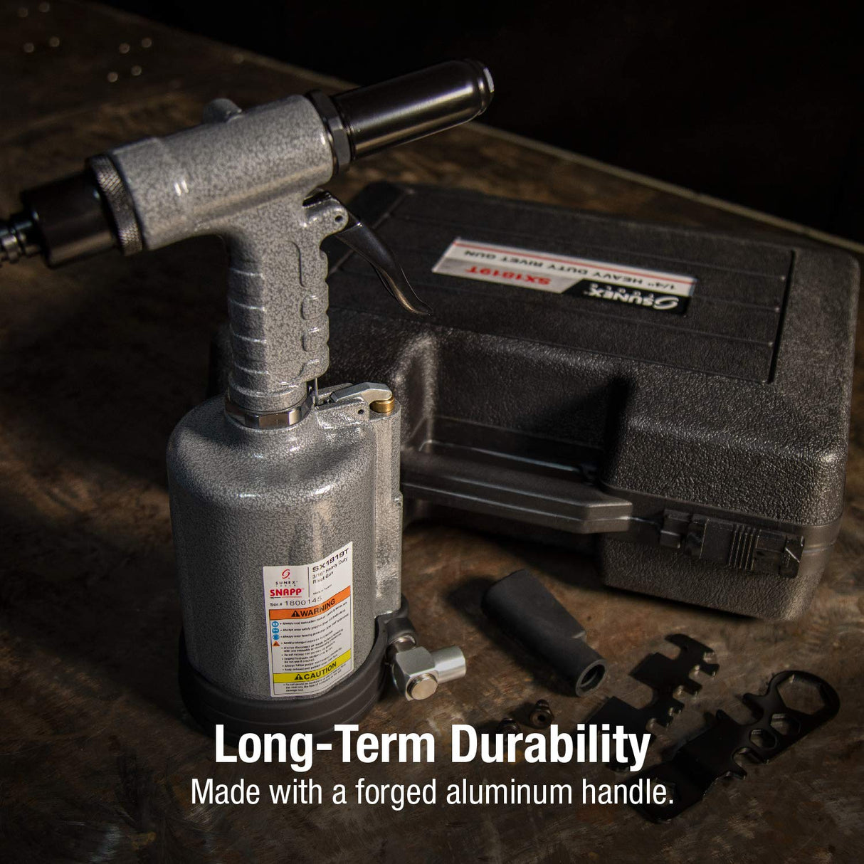 SUNEX TOOLS SX1819T, Heavy Duty Rivet Gun, Sets 3/16” and ¼” Rivets, 3690 lbs Traction Power, Nose Pieces Included, Forged Aluminum Handle, Storage Sunex Tools