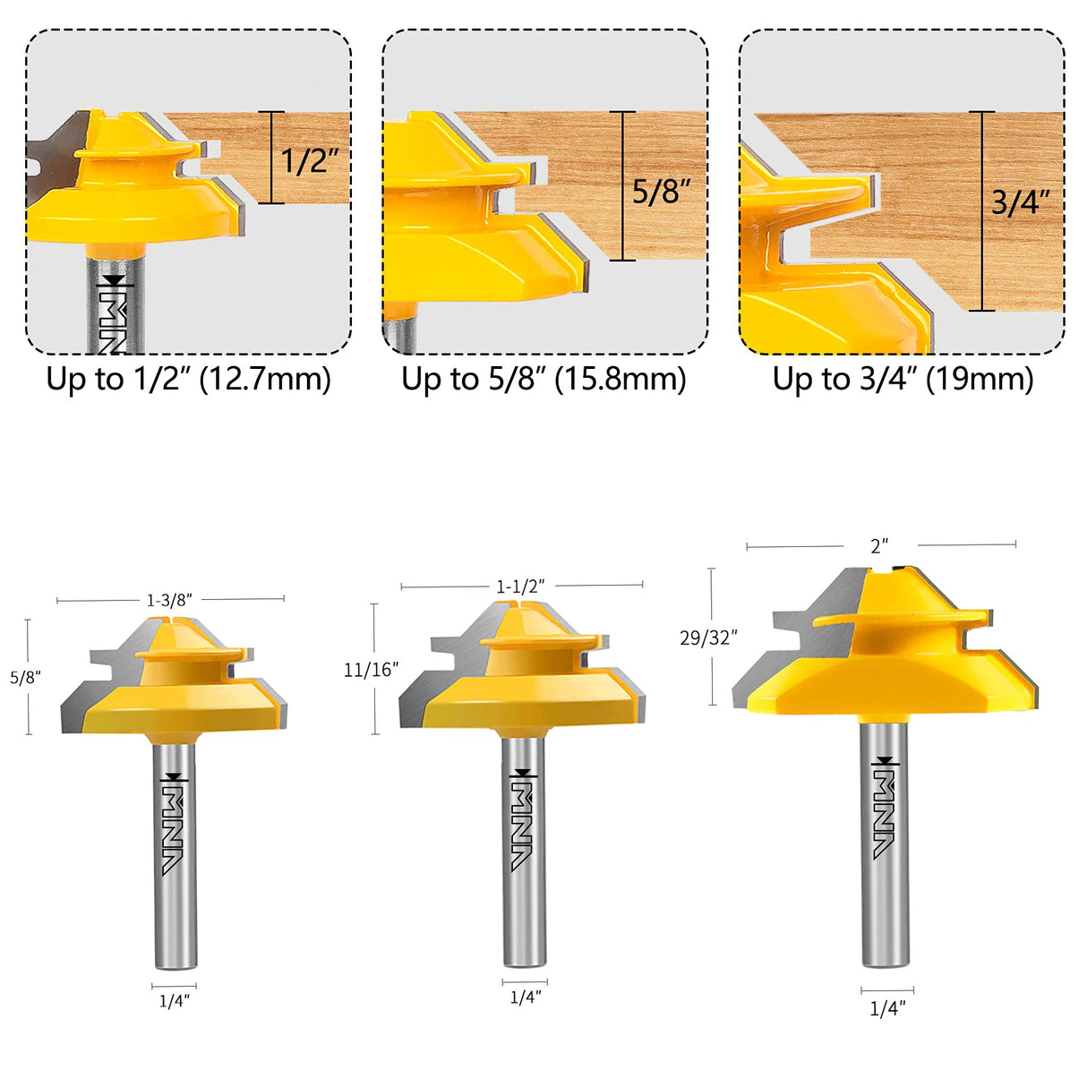 MNA 45 Degree Lock Miter Router Bit 3-Piece Set, for 1/2”, 5/8”, 3/4” Cutting Height, 1/4 Inch Shank. Easy to Create Lock Miter Joint MNA
