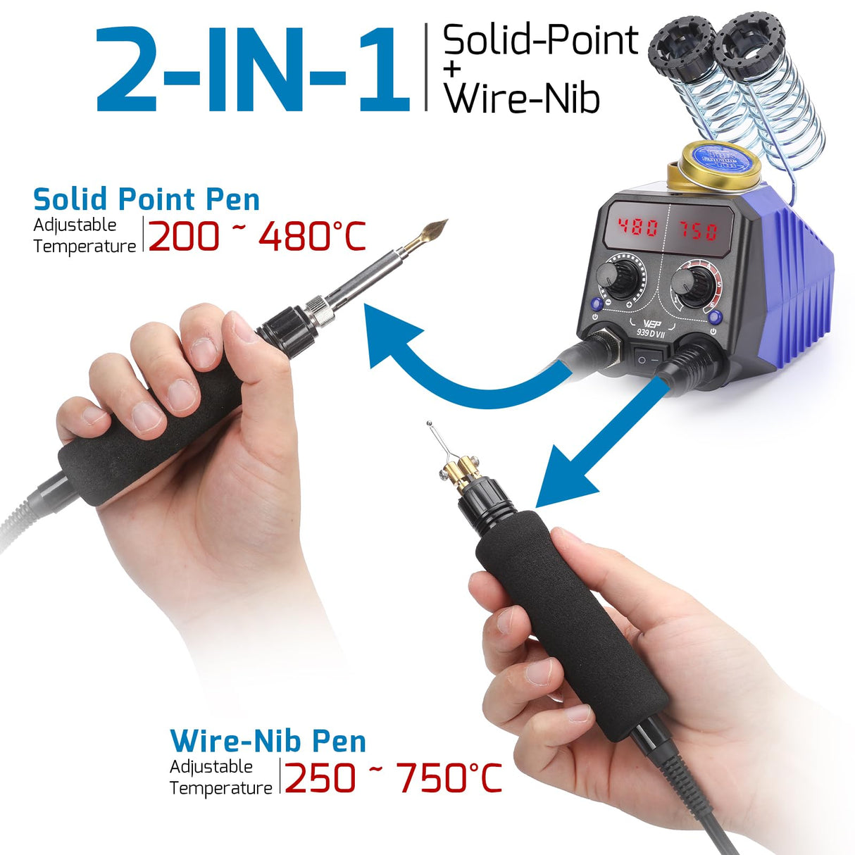WEP 939D-VII 2-IN-1 Wood Burning Kit 84-IN-1 with 51 Solid Points and 23 Wire Nibs Wood Burner with 2 Letter Number Stencils, 6 Unfinished Wood, 1 WEP