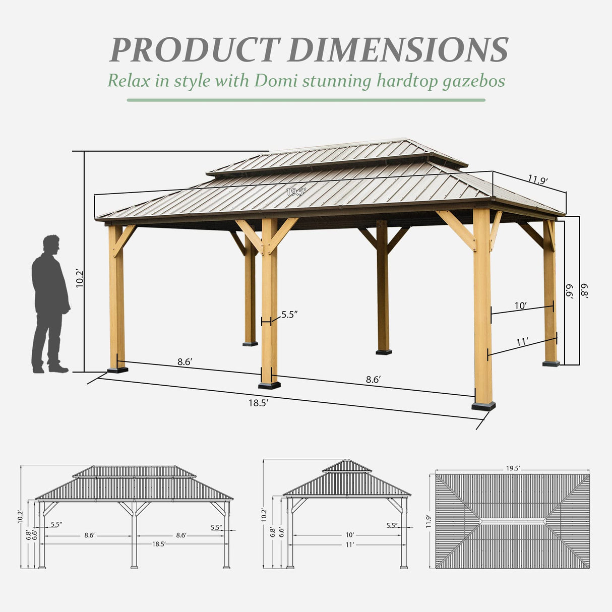 Domi 12x20 ft Wood Gazebo, Cedar Wood Frame Hardtop Gazebo with Galvanized Steel Double Roof, Outdoor Gazebo with Netting and Curtains, Patio Gazebo domi outdoor living