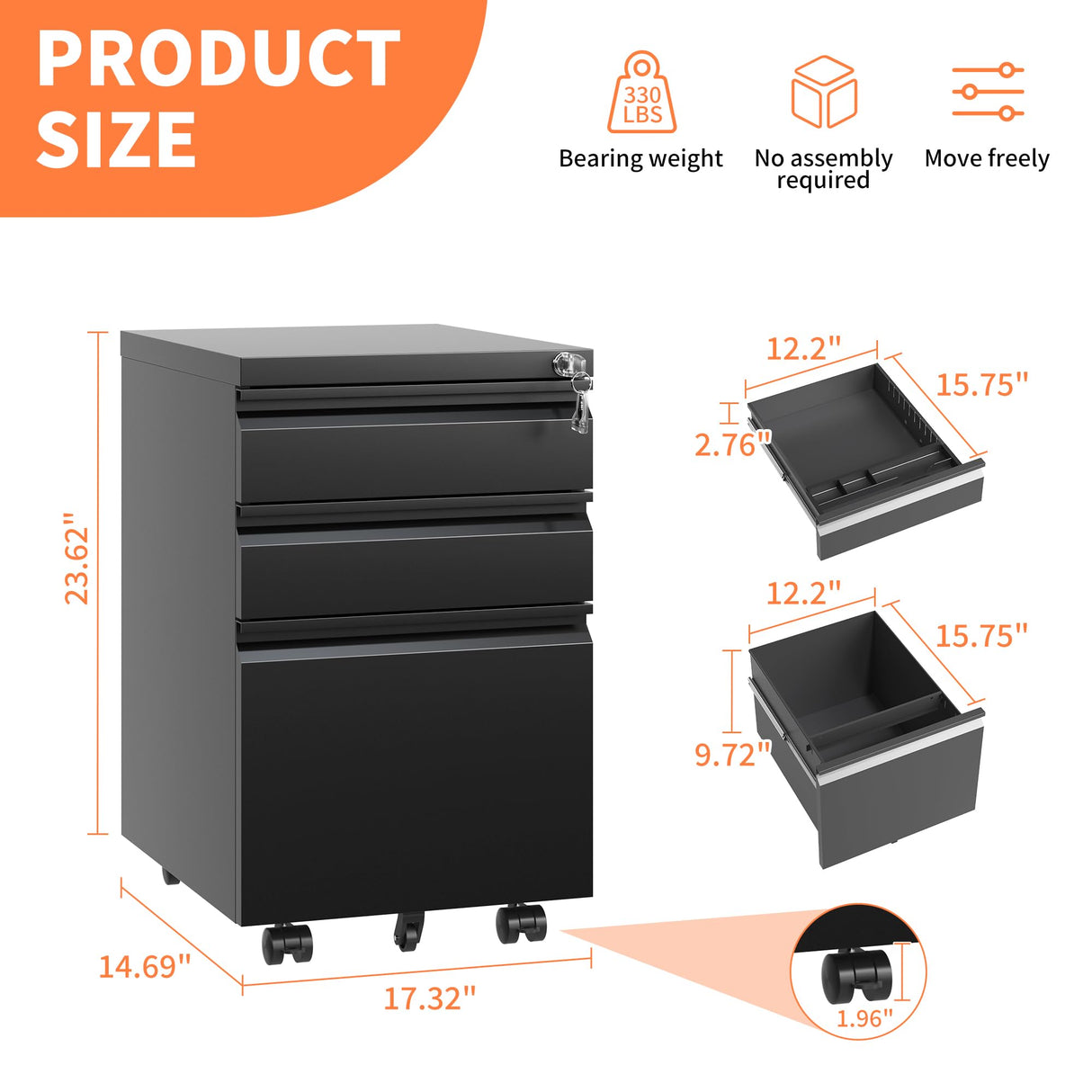 FLIXELIO 3-Drawer Mobile File Cabinet with Lock,Small Rolling Metal Office Storage Filing Cabinet Under Desk,Vertical Locking File Cabinets with FLIXELIO