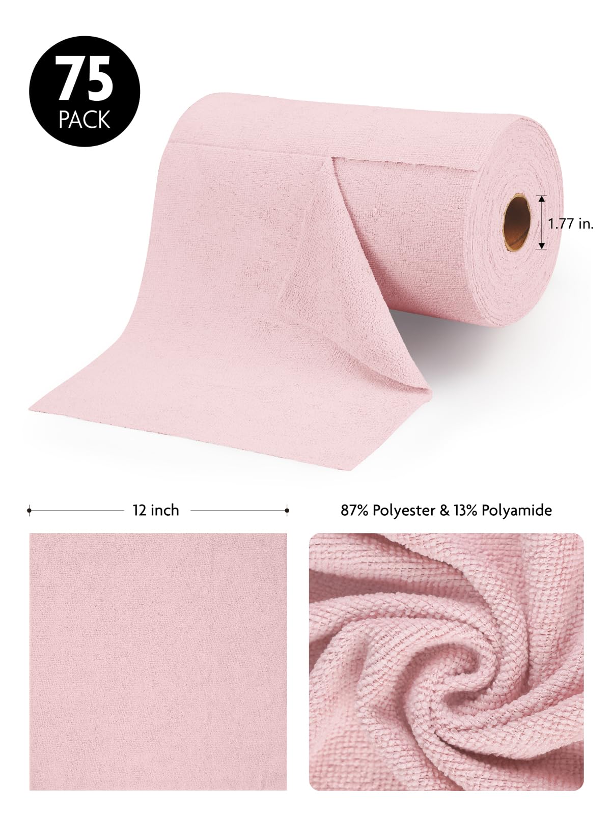 Fantasticlean Microfiber Cleaning Cloth Roll -75 Pack, 12x12", Tear Away Towels, Reusable Washable Rags (Pink) Fantasticlean