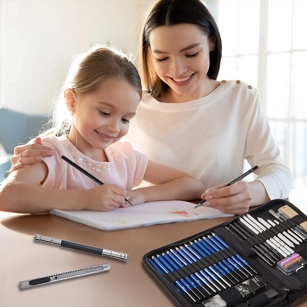 Prina 50 Pack Drawing Set Sketch Kit, Pro Art Sketching Supplies with 3-Color Sketchbook, Graphite, and Charcoal Pencils for Artists Adults Teens PRINA