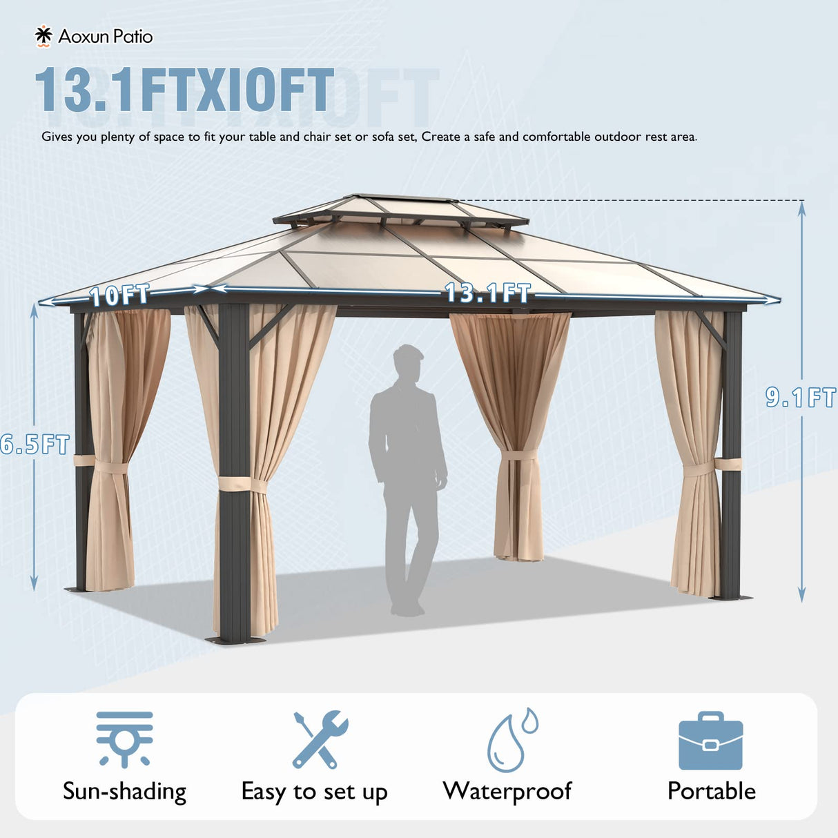 Aoxun 10'x13' Hardtop Gazebo, Aluminum Frame Permanent Pavilion with Curtains and Netting, Outdoor Polycarbonate Gazebo, Double Roof Canopy, for Aoxun