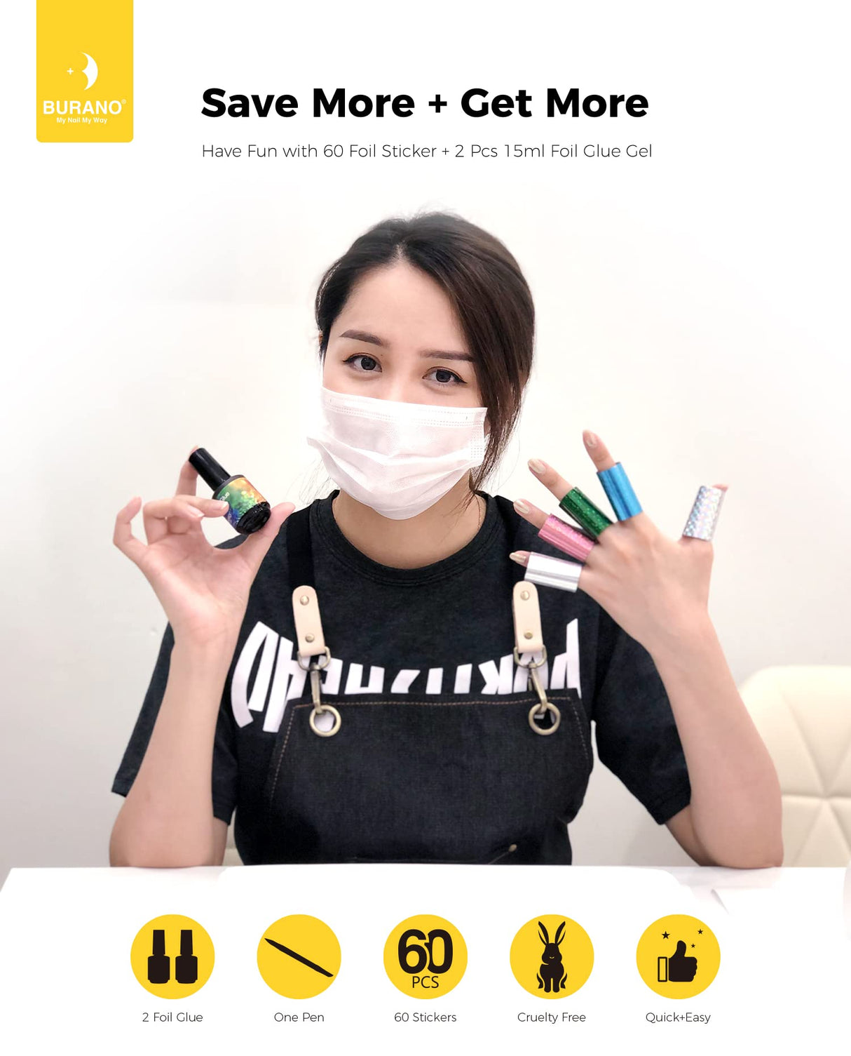 BURANO Nail Art Foil Glue Gel, 15ML 2 Bottles with 60PCS Foils Sticker, Nails Designer Adhesive Transfer Art UV LED Lamp Required BURANO