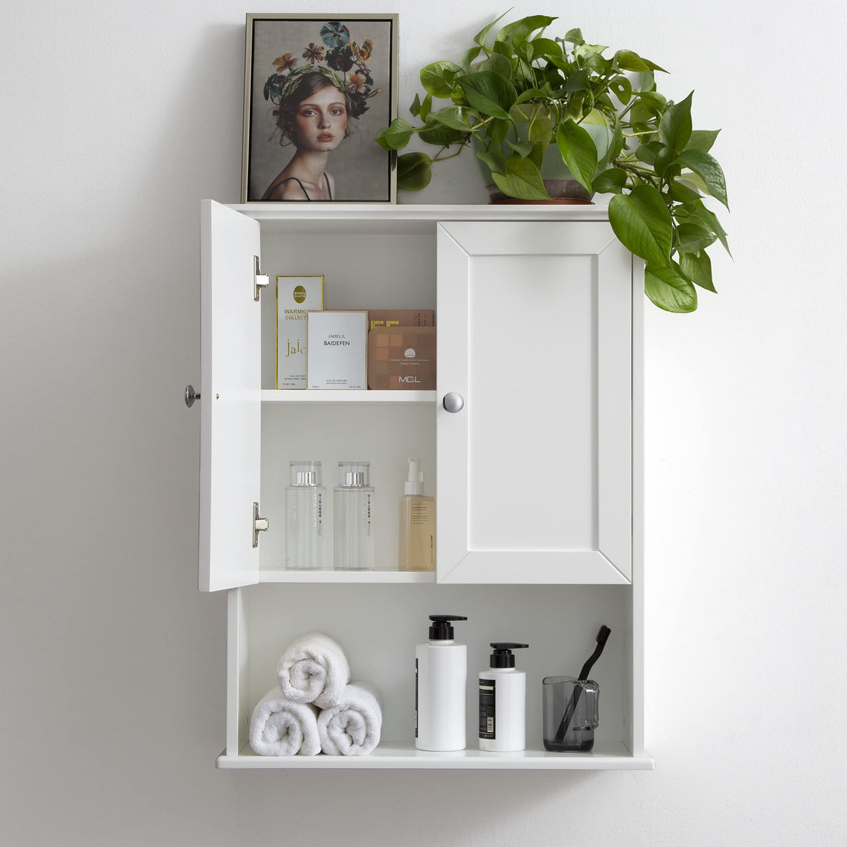 VANIRROR White Over-The-Toilet Storage Cabinet with Adjustable Shelves and Soft-Close Hinges VANIRROR