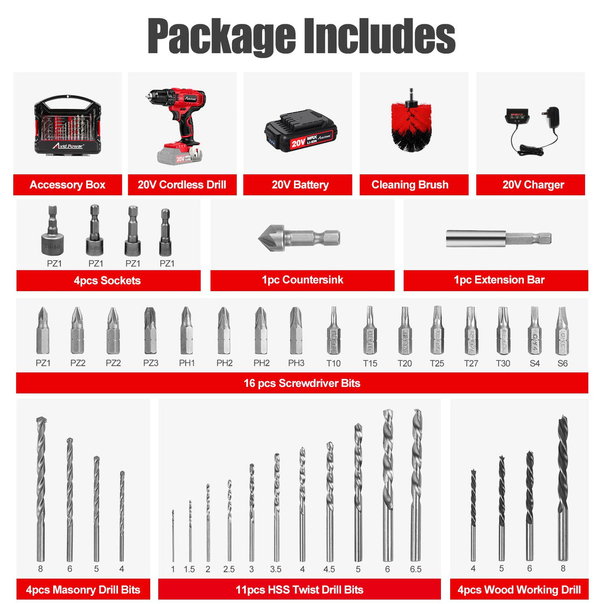 AVID POWER 20V Cordless Drill Set 320 In-lbs Torque Power Drill/Driver Kit with 41pcs Accessories and Drill Brush, 2 Variable Speed, 3/8'' Keyless AVID POWER