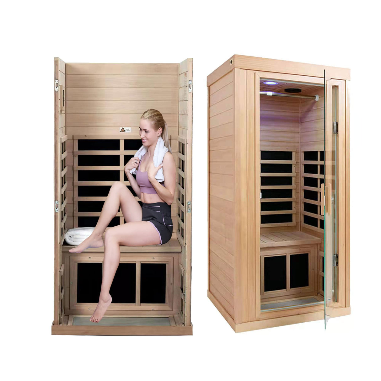 Xmatch Far Infrared Wooden Sauna Room, 1-Person Size, with 1350W, 8 Low EMF Heaters, 10 Minutes Pre-Warm up, Time and Temp Pre-Set, 2 Bluetooth Xmatch