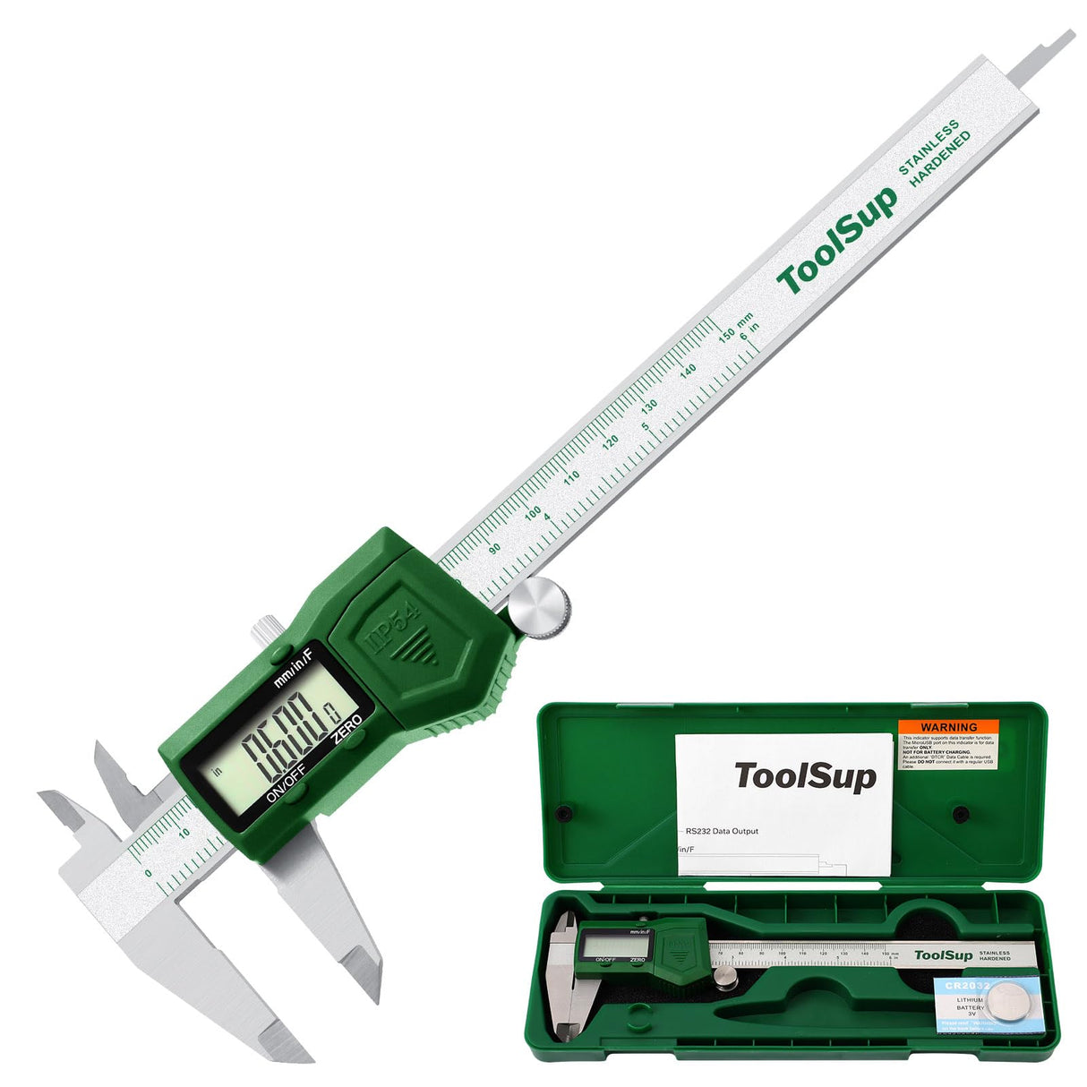 ToolSup IP54 Digital Caliper, 6 inch Electronic Vernier Caliper with Stainless Steel contruction, Inch/Millimeter/Fraction Switch, Large LCD Screen TOOLSUP