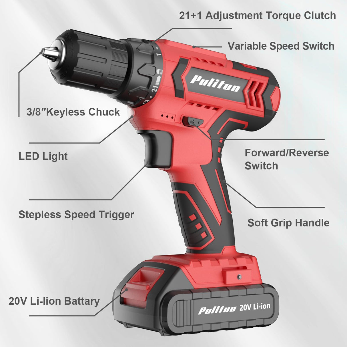 PULITUO Cordless Drill Set, 20V Electric Power Drill with Battery And Charger, Torque 30N, 21+1 Torque Setting, 2 Various Speed, with 43pcs Drill PULITUO