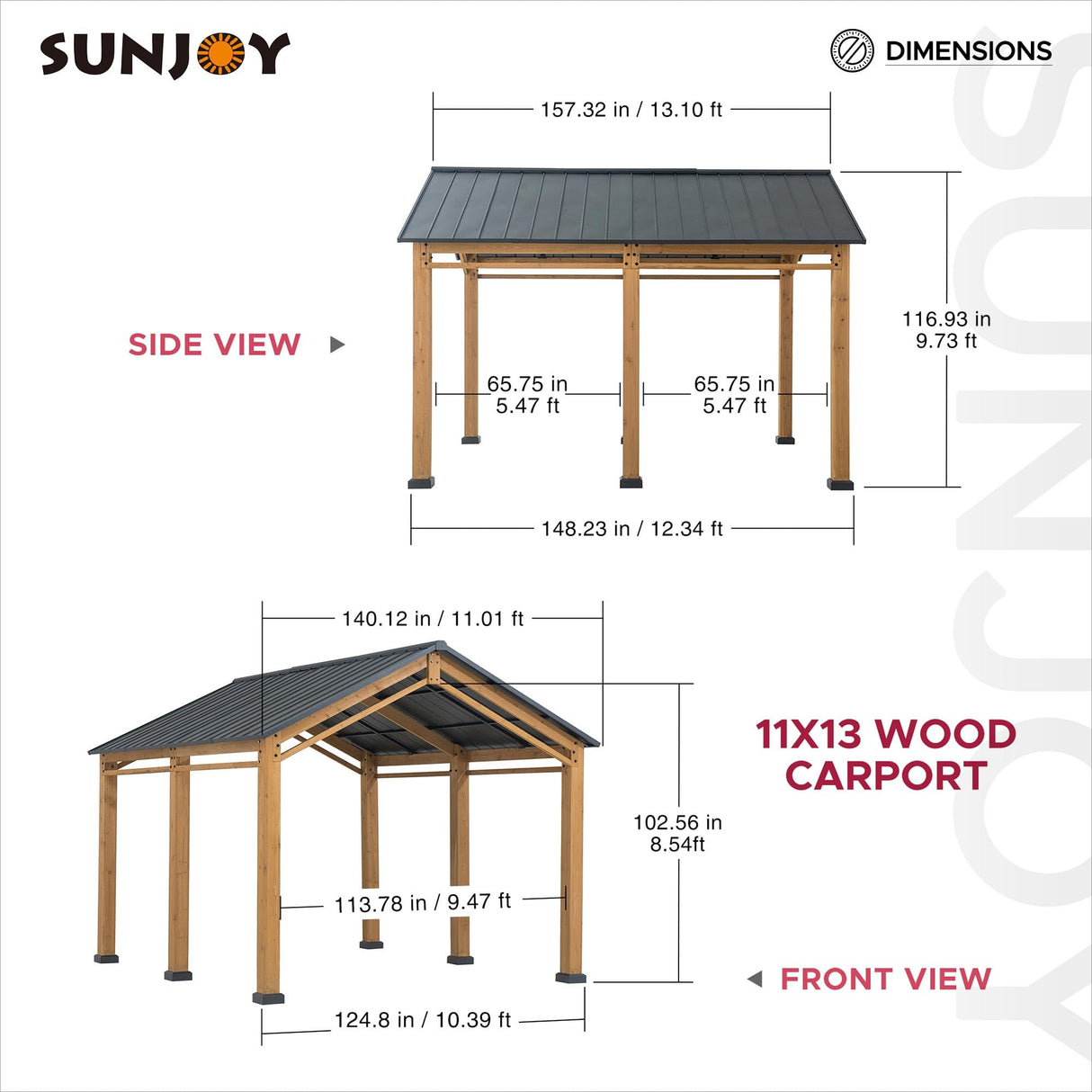 Sunjoy Wood Carport 11 x 13 ft. Outdoor Gazebo, Heavy Duty Garage Car Shelter with Steel Roof and Wooden Frame, Gable Roof Cedar Carport for Cars and Sunjoy