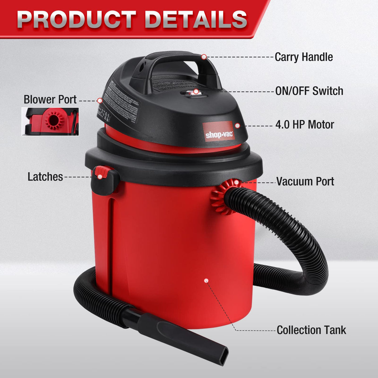 Shop-Vac 4 Gallon 4.0 Peak HP Wet/Dry Vacuum, Portable Compact Shop Vacuum with Tool Holder, Wall Bracket & Attachments, Ideal for Home, Jobsite, Shop-Vac