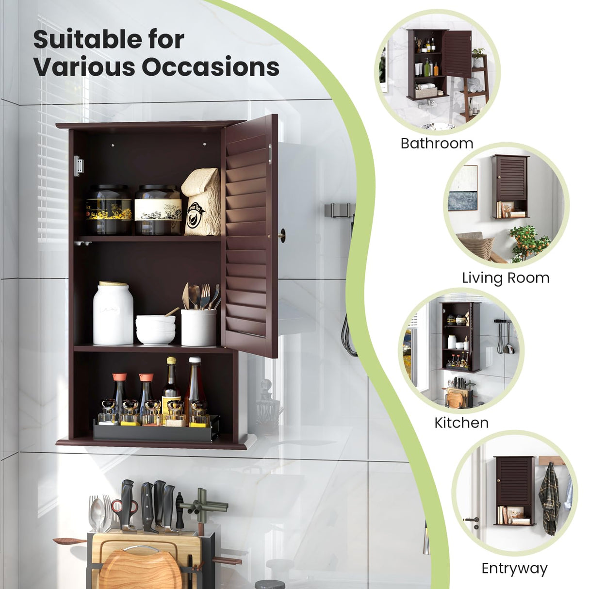 Tangkula Medicine Cabinet, Wall Mounted Bathroom Cabinet Single Door Wooden Bathroom Wall Cabinet with Adjustable Shelf (Brown) Tangkula