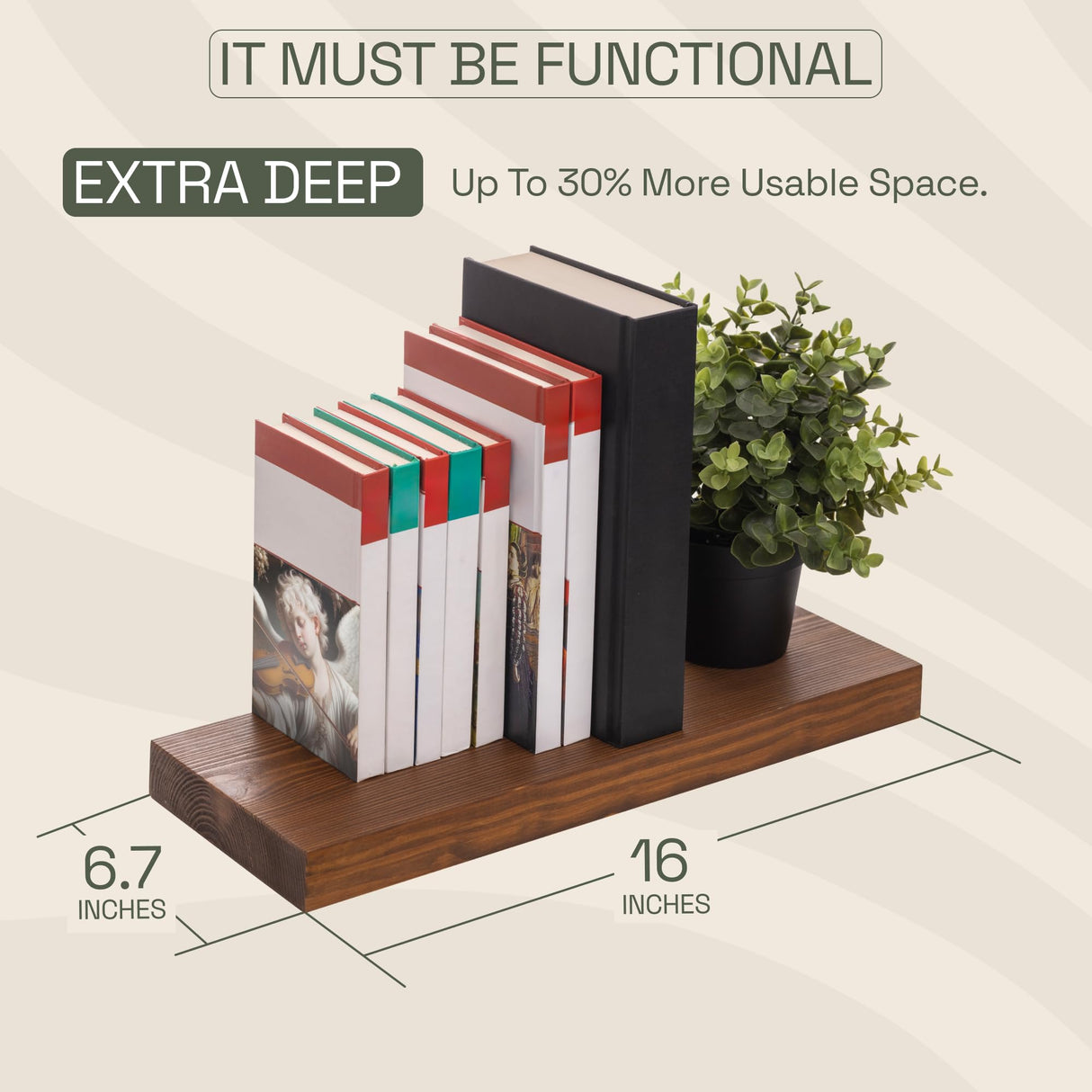 BAOBAB WORKSHOP Wood Floating Shelves 16 inch - Bathroom Shelves for Room Wall Mount - Wide Wooden Wall Shelves for Bedroom Kitchen Living Room - BAOBAB WORKSHOP