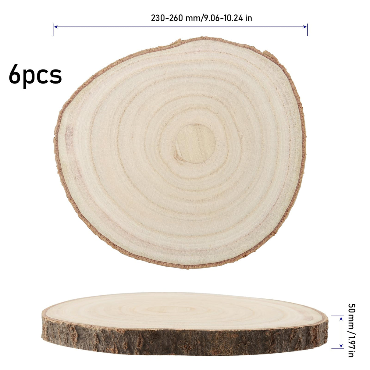 KINJOEK 6PCS 9-10 Inch Large Natural Wood Slices with Bark, Unfinished Wooden Table Coasters Circles, Blank Round Wood Ornaments Slices Bulk for KINJOEK