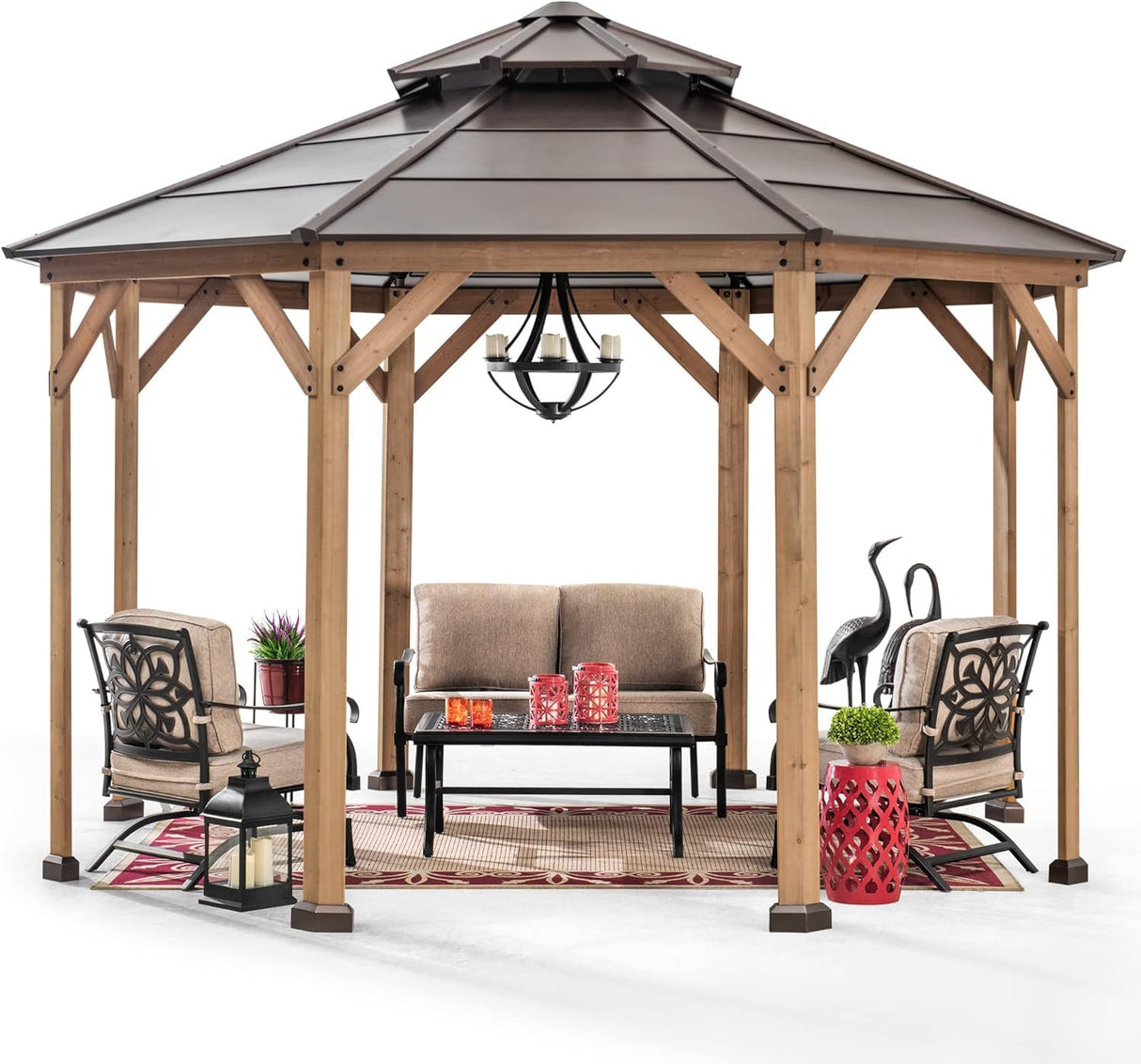 Sunjoy Ion Collection 13 x 13 ft. Cedar Framed Octagon Wood Gazebo with Brown Double Tiered Steel Hardtop Roof and Ceiling Hook for Garden, Backyard Sunjoy