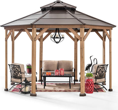 Sunjoy Ion Collection 13 x 13 ft. Cedar Framed Octagon Wood Gazebo with Brown Double Tiered Steel Hardtop Roof and Ceiling Hook for Garden, Backyard