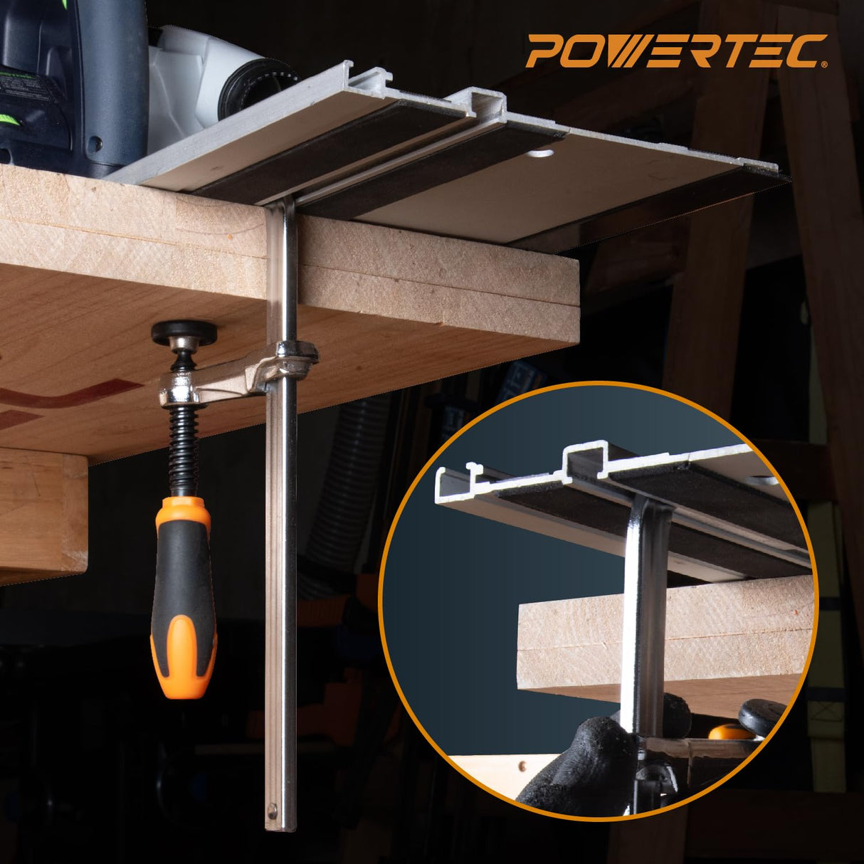 POWERTEC 71410 Quick Screw Guide Rail Clamp for MFT Table and Track Saw Guide Rail System, 5-3/8” Capacity x 2-3/8” Throat Depth, 400lbs Clamping POWERTEC