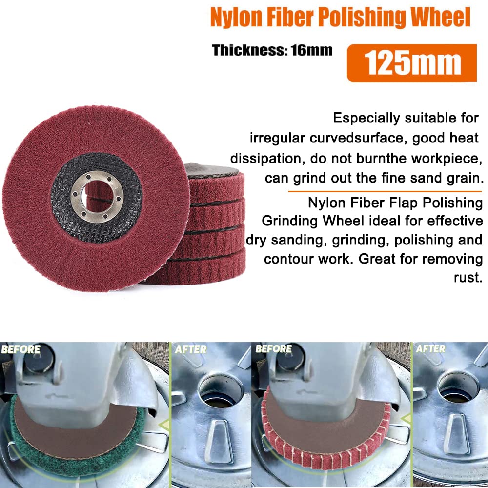 SI FANG 10Pcs 5 x 7/8 Inch Nylon Fiber Flap Polishing Wheel Disc, Scouring Pad Buffing Wheel for Angle Grinder, Sanding Pads for Grinding, Mirror SI FANG