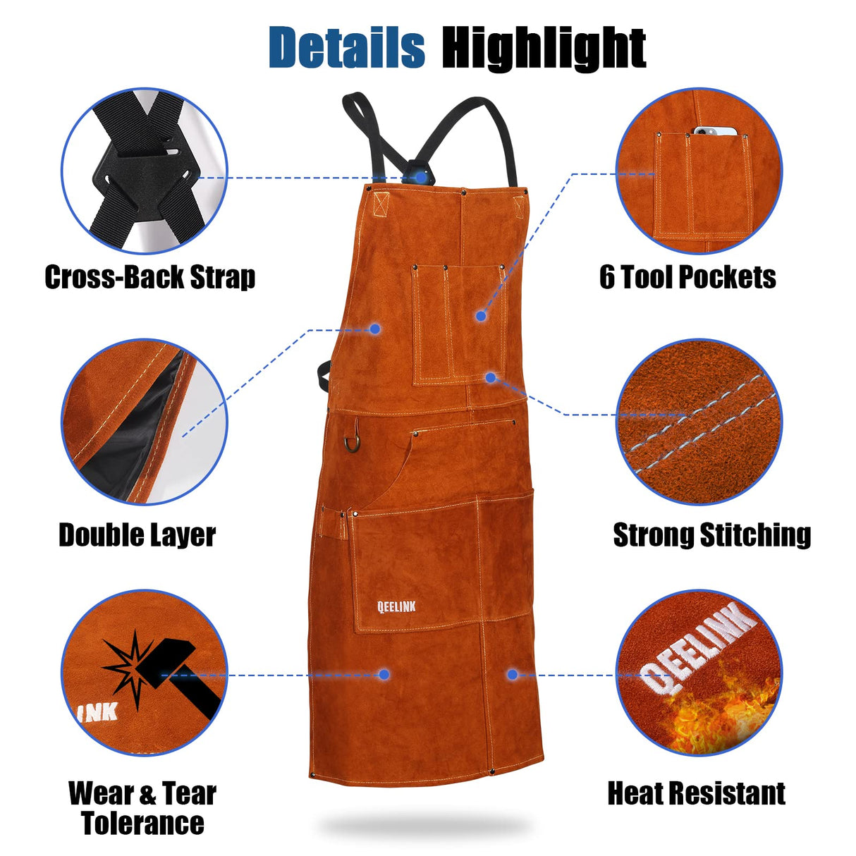 QeeLink Leather Welding Apron with 6 Pockets - Heat & Flame-Resistant Apron, 24'' X 42'', Adjustable M to XXXL QeeLink