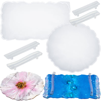 meekoo 2 Pcs Large Silicone Resin Tray Molds with 4 Pcs Handles Serving Tray Molds Round Rectangle Resin Mold for Making Jewelry Plates Tea Coasters
