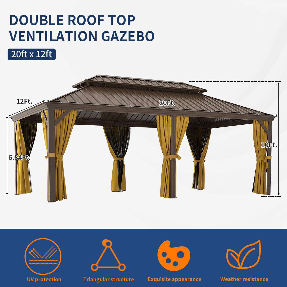 Jolydale 12FT×20FT Hardtop Aluminum Gazebo, Outdoor Metal Frame Canopy with Mosquito Net and Privacy Sidewalls,for Patio, Backyard, Large Size Jolydale