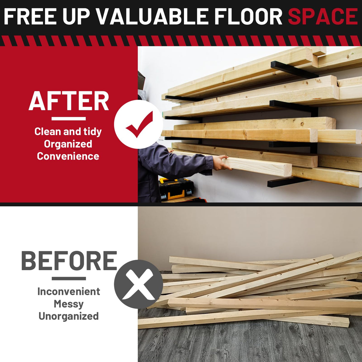 YYR Wood Organizer and Lumber Storage Rack Wall Mount, Heavy Duty Metal Shelf with 4-Level Holds Up 800 LBS, Indoor & Outdoor Use - Black YYR