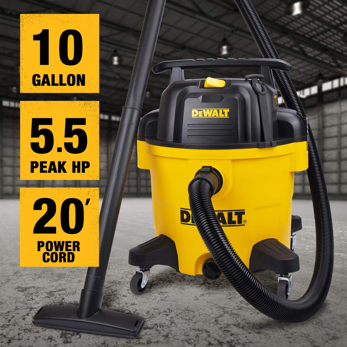 DeWALT DXV10PZ 10 Gallon 5.5 Peak HP Poly Wet Dry Vacuum, Yellow DEWALT