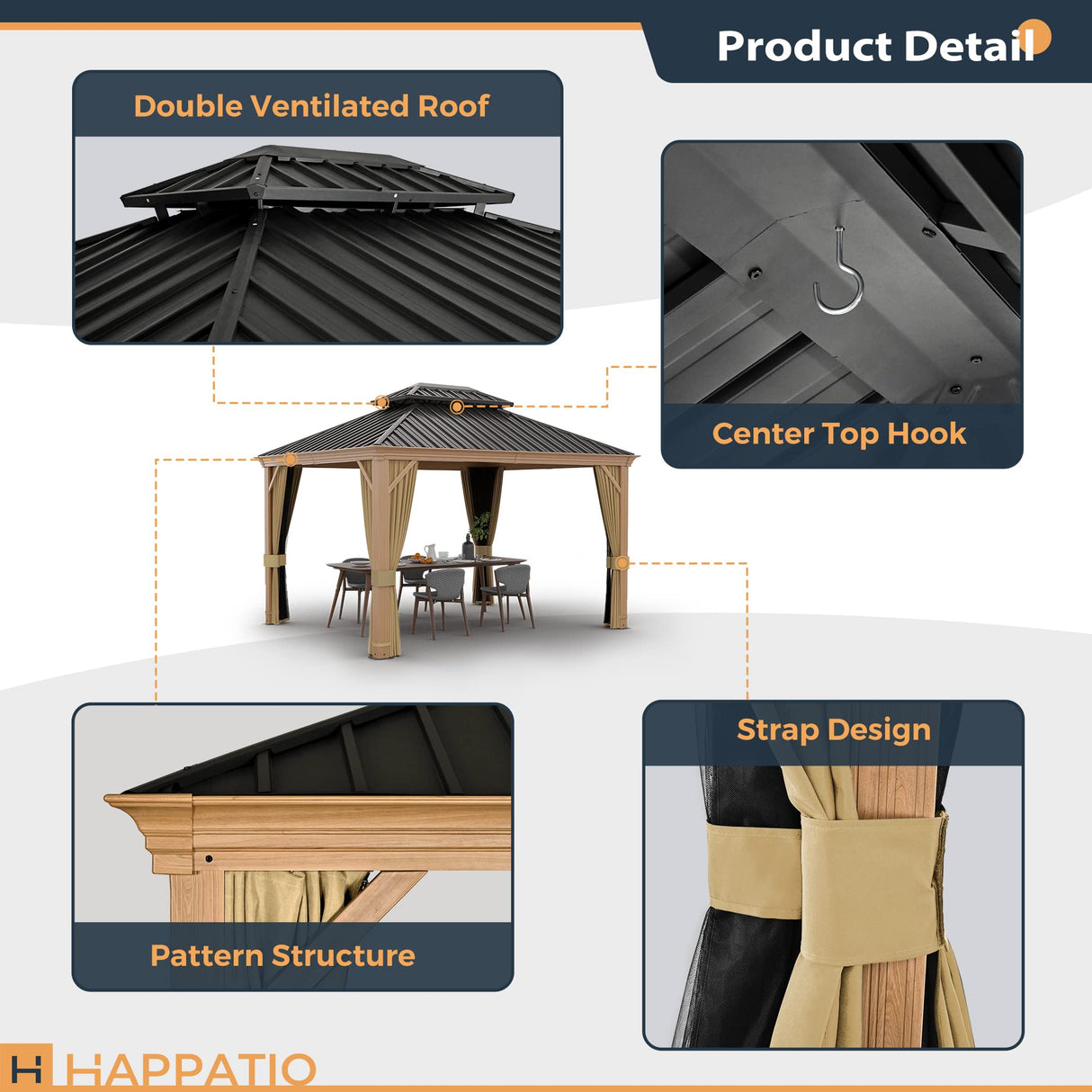 HAPPATIO 10' x 12' Hardtop Gazebo, Outdoor Wood Grain Frame Aluminum Gazebo, Double Roof Permanent Patio Gazebo Canopy with Netting and Curtains for HAPPATIO
