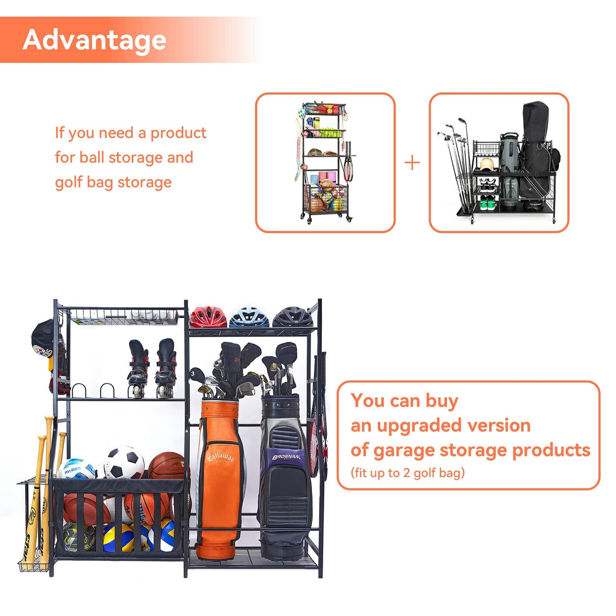 WALMANN Garage Sports Equipment Organizer, Golf Bag Stand for Garage Ball Storage Rack Indoor/Outdoor Kids Toys Storage Organizer Bins, Ball Holder WALMANN