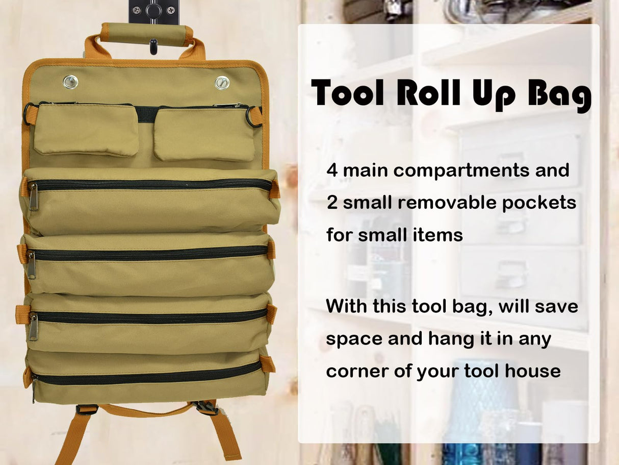 Tool Bag Roll Up, Bag Tool Organizers, Small Tool Bag W/Detachable Pouches, Heavy Duty Tool Organizer for Men Women (Khaki) d'yallee