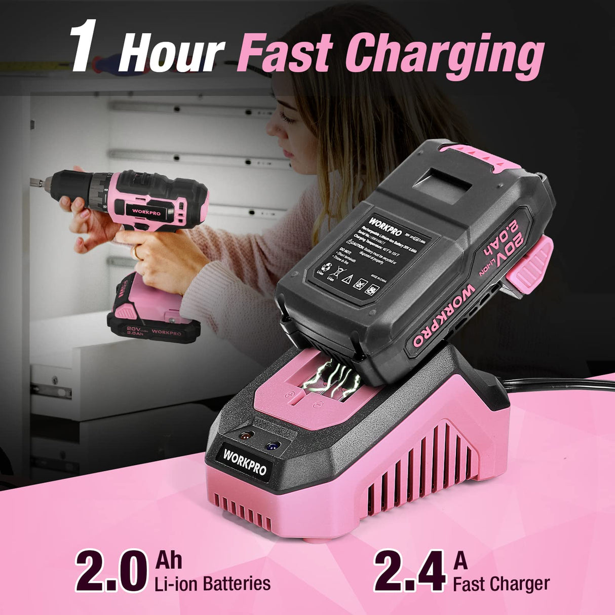 WORKPRO 20V Pink Cordless Drill Driver Set, 3/8” Keyless Chuck, 2.0 Ah Li-ion Battery, 1 Hour Fast Charger and 11-inch Storage Bag Included - Pink WORKPRO