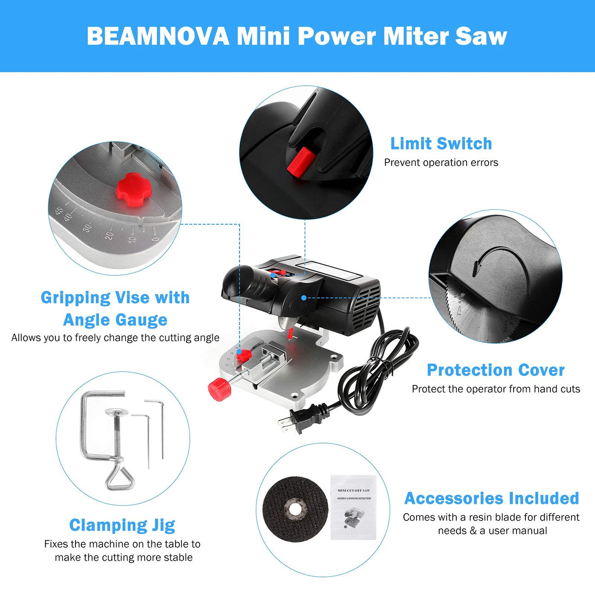 BEAMNOVA Mini Miter Saw Electric Power Table Saw Benchtop Cut-Off Chop Saw Max 45 Degree Cutting for Crafts Miniatures Metal Wood Plastic Compound BEAMNOVA