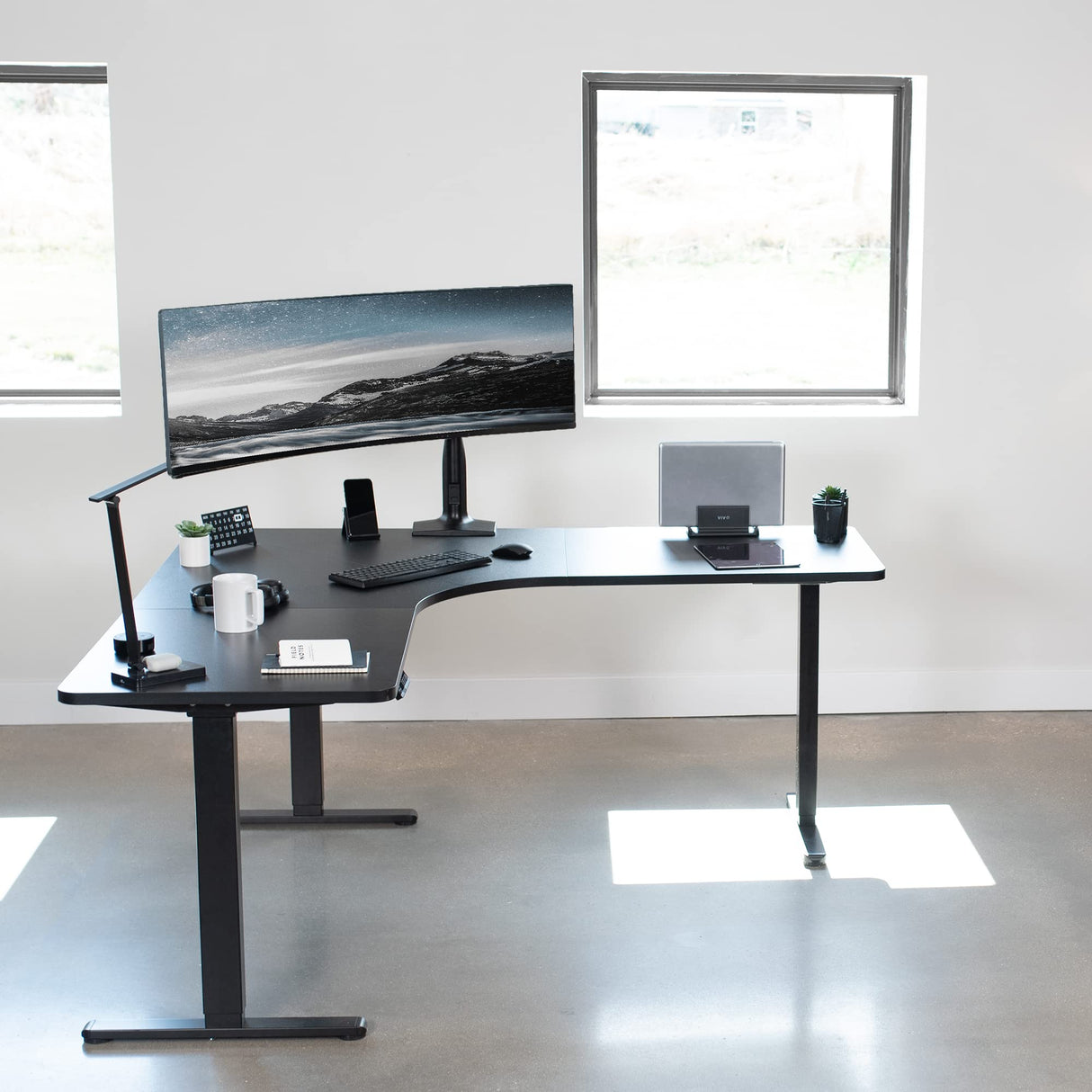 VIVO Electric Height Adjustable 71 x 71 inch Curved Corner Stand Up Desk, Black Table Top, Black Frame, Memory Controller, L-Shaped Workstation, E3C VIVO