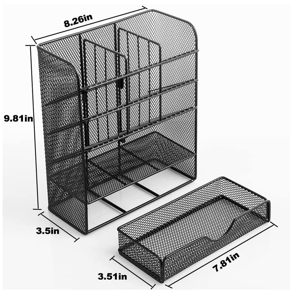 Spacrea Metal Pen Organizer, Pencil Holder for Desk, Desk Organizer with Drawer for School, Home, Art Supplies (Black) Spacrea