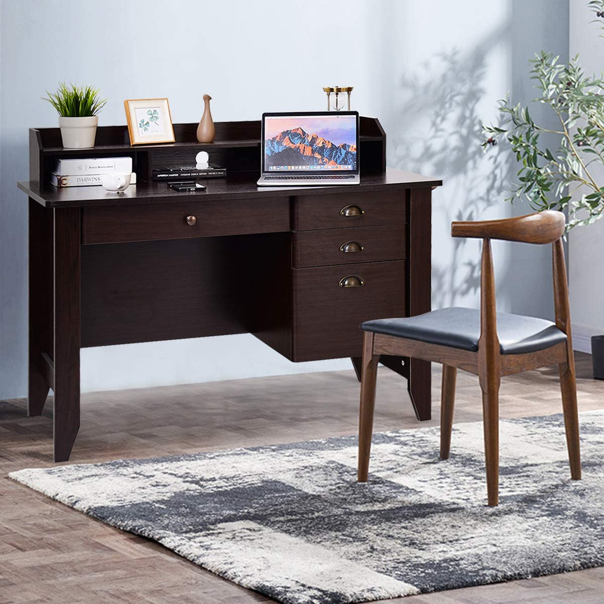Tangkula Computer Desk with 4 Storage Drawers & Hutch, Home Office Desk Vintage Desk with Storage Shelves, Wooden Executive Desk Writing Study Desk Tangkula
