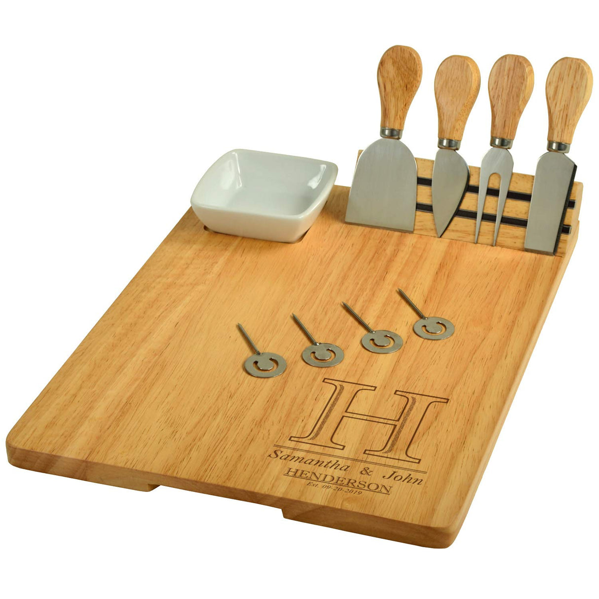 Picnic at Ascot Custom Personalized Engraved Hardwood Cutting Board with Cheese Knives, Cheese Markers & Ceramic Dish - Designed and quality Checked Picnic at Ascot