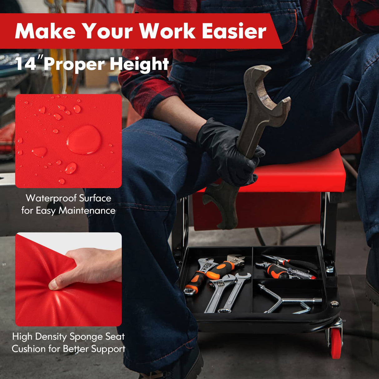 S AFSTAR Rolling Creeper, Heavy Duty Mechanics Creeper Seat with Partitioned Tool Storage & 4 Universal Wheels, Comfortable Padded Mechanic Stool for S AFSTAR